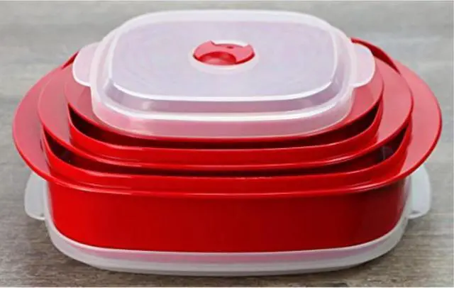 Alt view image 3 of 4 - Reston Lloyd Nesting Microwave Containers, Set of 3, Adjustable Steam Vents, Airtight, Meal Prep, Durable BPA-Free Plastic- Freezer & Dishwasher Safe, Cookware & Food Storage, Anyday Cookware, Red