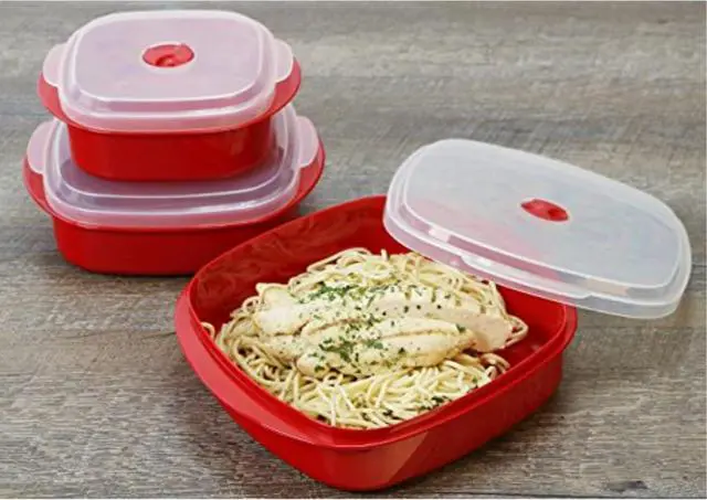 Alt view image 4 of 4 - Reston Lloyd Nesting Microwave Containers, Set of 3, Adjustable Steam Vents, Airtight, Meal Prep, Durable BPA-Free Plastic- Freezer & Dishwasher Safe, Cookware & Food Storage, Anyday Cookware, Red