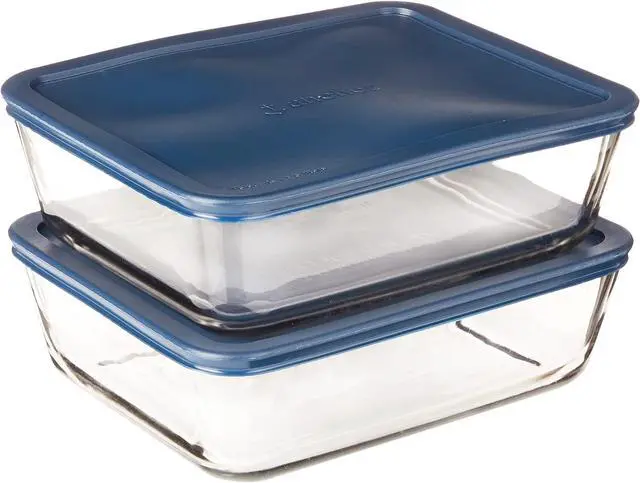 Main image of Anchor Hocking 11 Cup Glass Storage Containers with Lids, Set of 2 Glass Food Storage Containers with Navy Blue SnugFit Lids