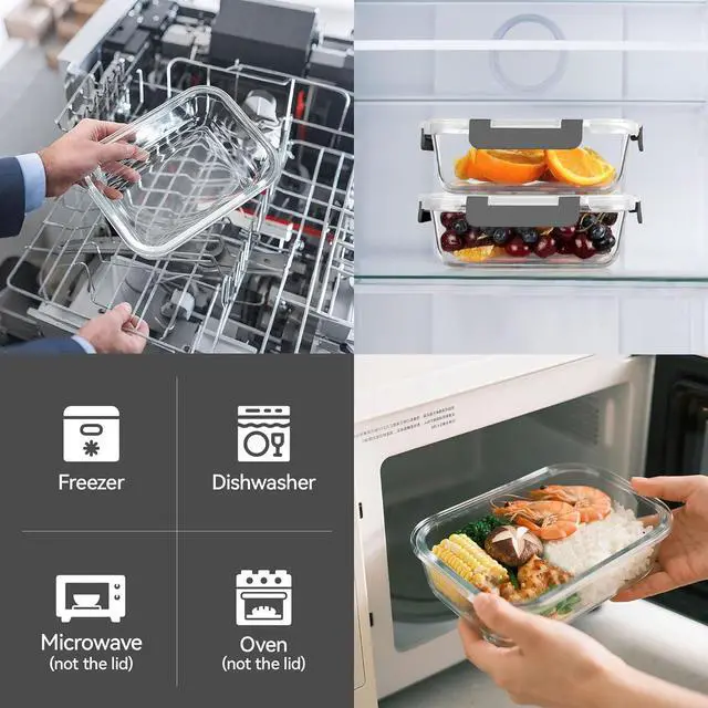 Alt view image 3 of 6 - BAYZZ Glass Food Storage Containers, 5 Pack 35 Oz Glass Meal Prep Containers, Lunch Boxes with Airtight BPA-Free Lids, Microwave, Freezer and Dishwasher Safe