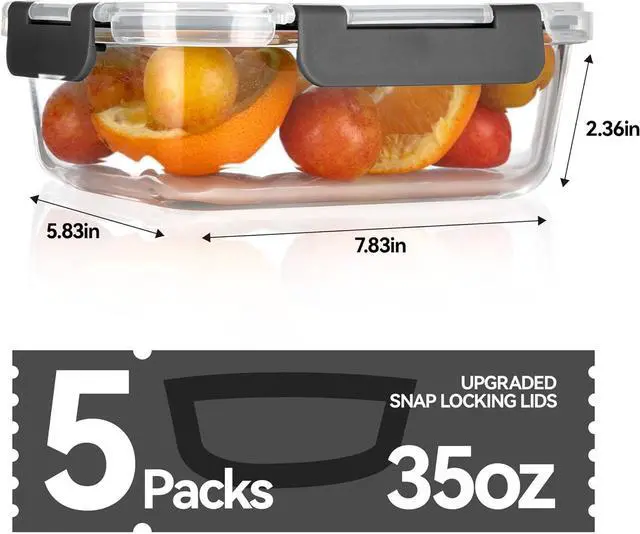 Alt view image 4 of 6 - BAYZZ Glass Food Storage Containers, 5 Pack 35 Oz Glass Meal Prep Containers, Lunch Boxes with Airtight BPA-Free Lids, Microwave, Freezer and Dishwasher Safe