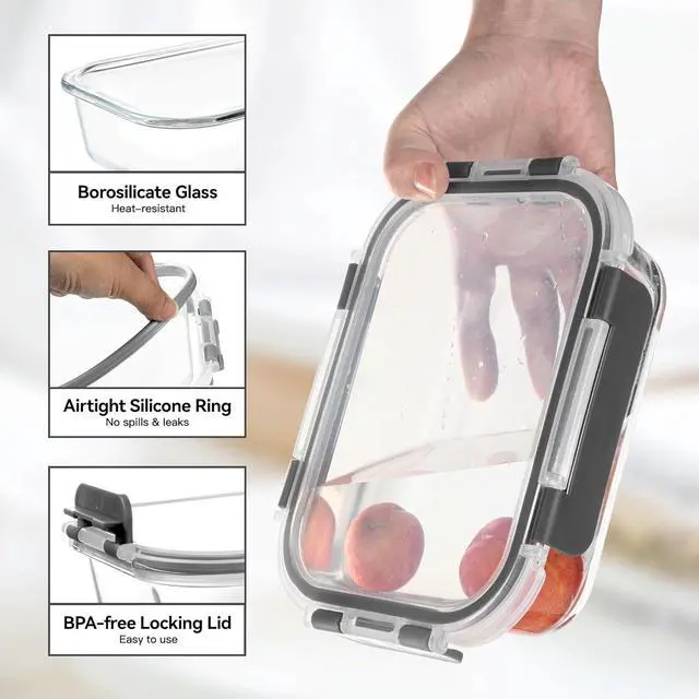 Alt view image 2 of 6 - BAYZZ Glass Food Storage Containers, 5 Pack 35 Oz Glass Meal Prep Containers, Lunch Boxes with Airtight BPA-Free Lids, Microwave, Freezer and Dishwasher Safe