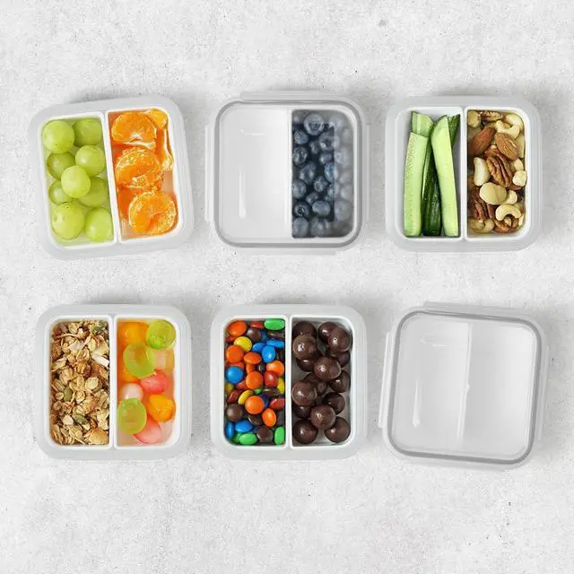 Alt view image 2 of 7 - carrotez 2 Compartment Snack Containers, Mini Snack Containers for Mini Fridge, Small Food Storage Containers, Airtight Lids, Reusable, 1.1 cup, 6 PACK