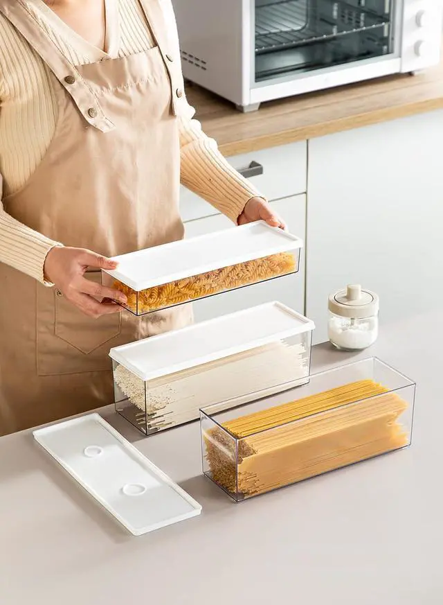 Alt view image 2 of 7 - Hanobe Pasta Containers for Pantry Large Spaghetti & Noodle & Lasagna Canister 2 Pcs Clear Grey Rectangular Canister with Lock Lids Durable Plastic Food Keeper for Fridge Kitchen Cabinet