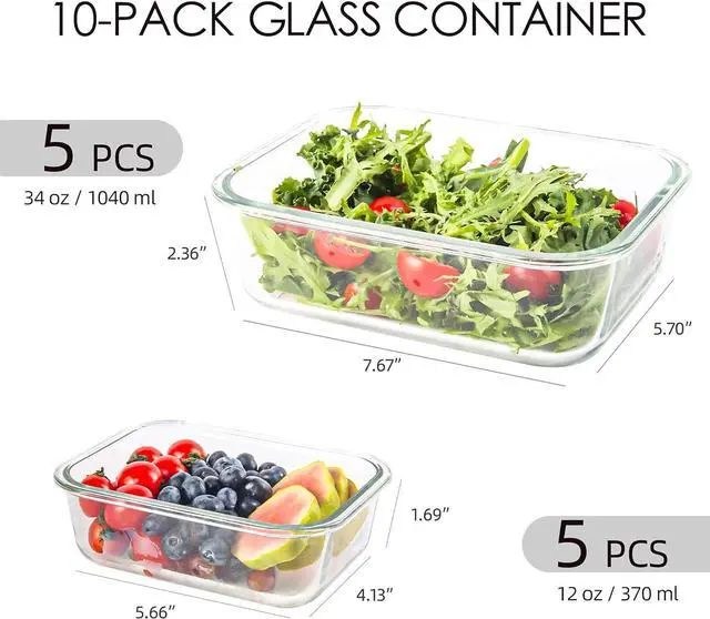 Alt view image 3 of 7 - 10 Pack Glass Food Storage Containers, Glass Meal Prep Containers with Lids Leak Proof, Clear Glass Bento Boxes for Adults, Microwave & Freezer Safe (34oz & 12oz)