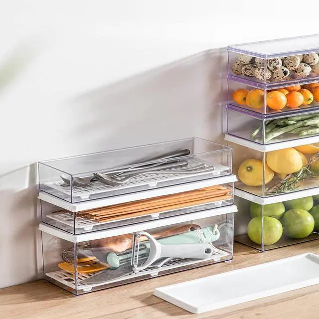 Alt view image 6 of 7 - Hanobe Pasta Containers for Pantry Large Spaghetti & Noodle & Lasagna Canister 2 Pcs Clear Grey Rectangular Canister with Lock Lids Durable Plastic Food Keeper for Fridge Kitchen Cabinet