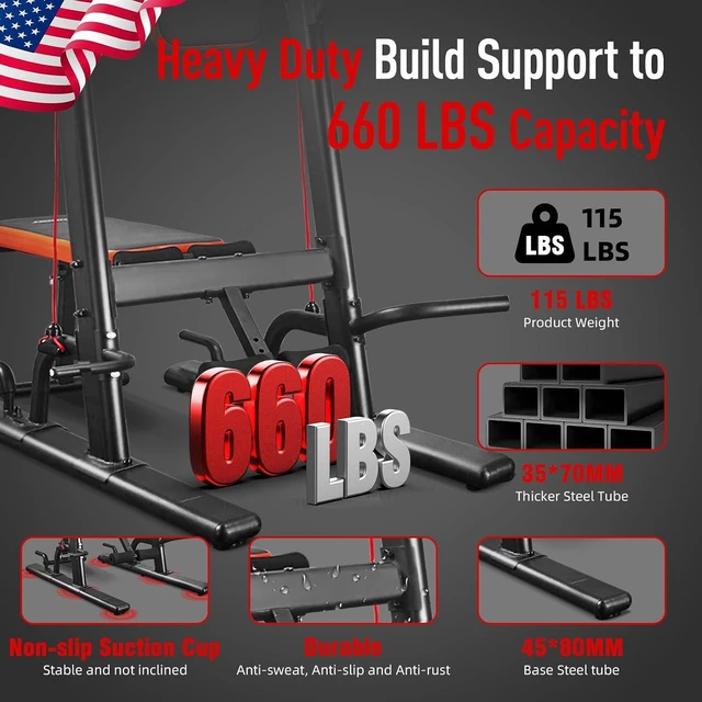 Alt view image 2 of 7 - HARISON Multifunction Power Tower with Bench, Heavy Duty Pull Up Bar Dip Station for Home Gym Workout Strength Training Fitness Equipment