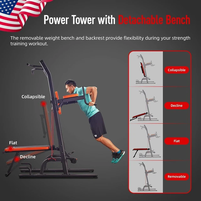 Alt view image 3 of 7 - HARISON Multifunction Power Tower with Bench, Heavy Duty Pull Up Bar Dip Station for Home Gym Workout Strength Training Fitness Equipment