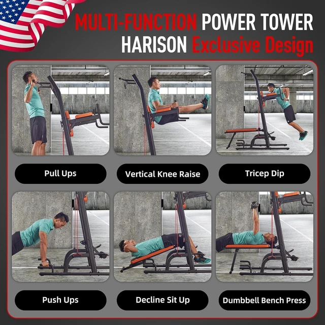 Alt view image 5 of 7 - HARISON Multifunction Power Tower with Bench, Heavy Duty Pull Up Bar Dip Station for Home Gym Workout Strength Training Fitness Equipment