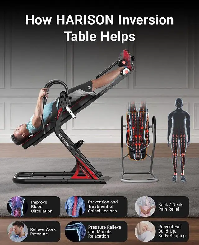 Alt view image 4 of 7 - HARISON Inversion Table for Back Pain Relief 350 LBS Capacity with 3D Memory Foam, Strength Training Inversion Equipment for Pain Therapy Training with Safe Belt & Comfortable Ankle Holders