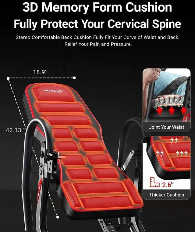 Alt view image 6 of 7 - HARISON Inversion Table for Back Pain Relief 350 LBS Capacity with 3D Memory Foam, Strength Training Inversion Equipment for Pain Therapy Training with Safe Belt & Comfortable Ankle Holders