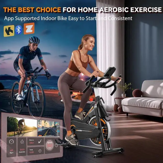 Alt view image 2 of 7 - Exercise Bike, Wenoker Stationary Bike for Home, App Supported Indoor Bike with Silent Belt Drive, Heavy Flywheel, Multi-grips Handlebar and Upgraded Digital Display