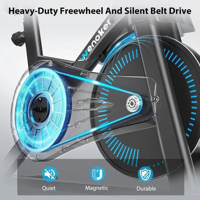 Alt view image 4 of 7 - Exercise Bike, Wenoker Magnetic Stationary Bike for Home App Sync Indoor Bike with Adjustable Seat and Handlebar, Transport Wheels and Fitness Courses for Weight Loss