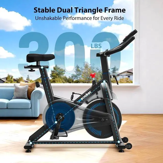Alt view image 7 of 7 - Exercise Bike, Wenoker Magnetic Stationary Bike for Home App Sync Indoor Bike with Adjustable Seat and Handlebar, Transport Wheels and Fitness Courses for Weight Loss