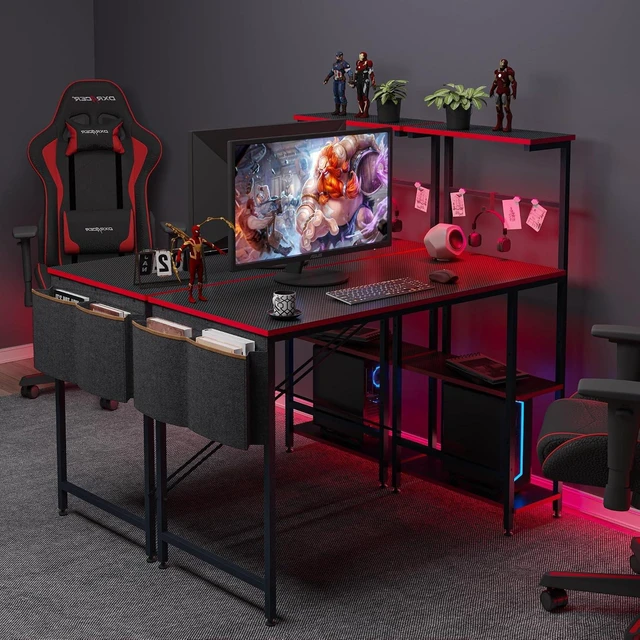 Alt view image 2 of 6 - Bestier 44" Gaming Desk with LED & Storage,Gamer Desk, Carbon Fiber Black