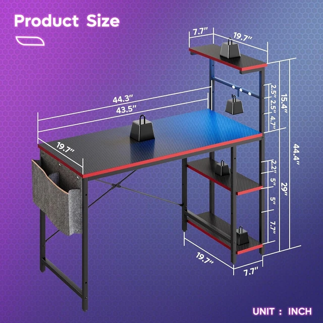Alt view image 3 of 6 - Bestier 44" Gaming Desk with LED & Storage,Gamer Desk, Carbon Fiber Black