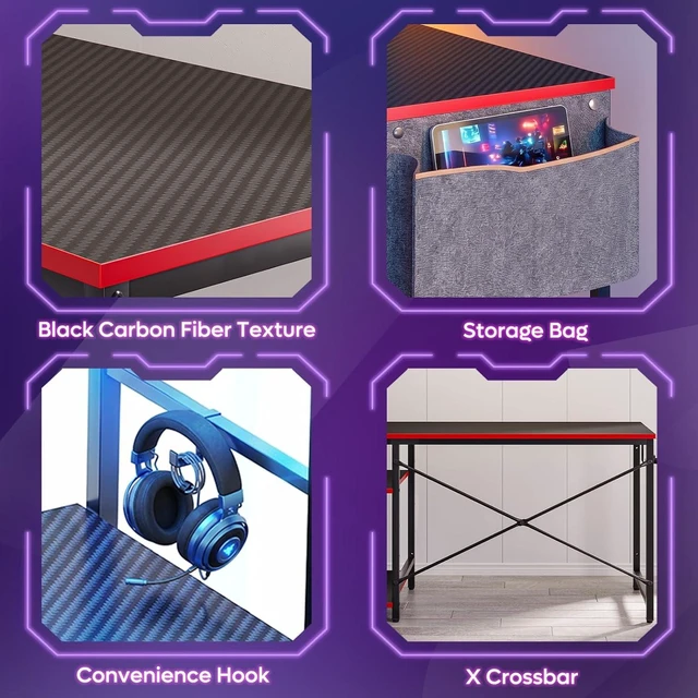 Alt view image 4 of 6 - Bestier 44" Gaming Desk with LED & Storage,Gamer Desk, Carbon Fiber Black