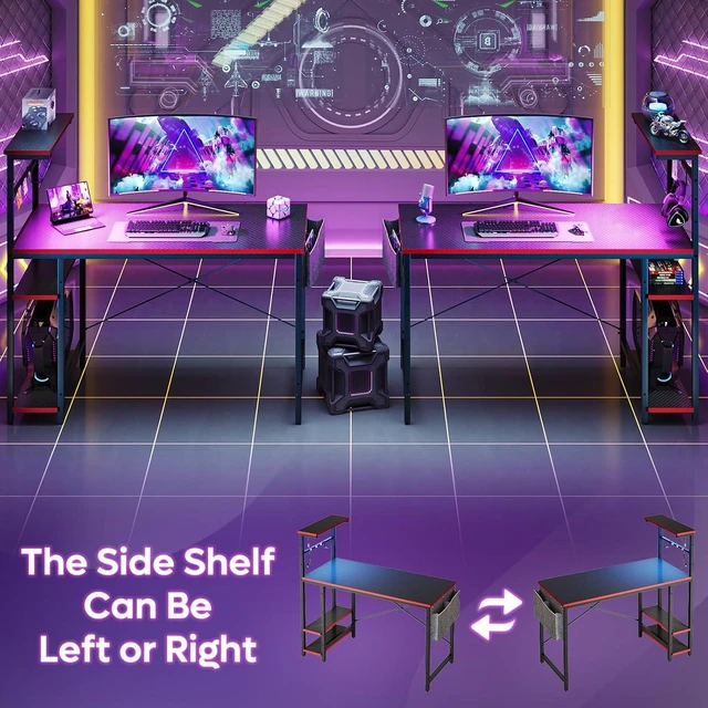 Alt view image 5 of 6 - Bestier 44" Gaming Desk with LED & Storage,Gamer Desk, Carbon Fiber Black