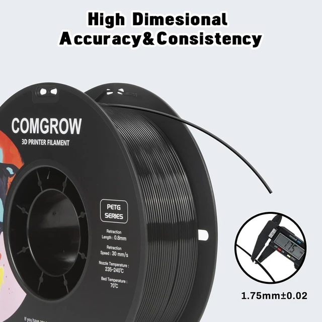 Alt view image 3 of 7 - Comgrow PETG 3D Printer Filament 1.75mm, High Precision and Tough 3D Printer Filament 2kg (4.4LBS), Dimensional Accuracy +/- 0.02 mm, Fit Most 3D Printers Black+Black