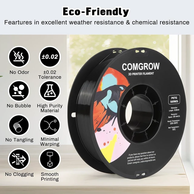 Alt view image 2 of 7 - Comgrow PETG 3D Printer Filament 1.75mm, High Precision and Tough 3D Printer Filament 2kg (4.4LBS), Dimensional Accuracy +/- 0.02 mm, Fit Most 3D Printers Black+Black