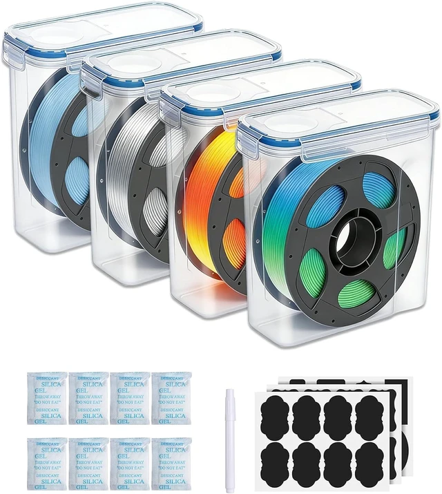 Main image of Filament Storage Box 4 Pack with Desiccants, Labels for 3D Printing
