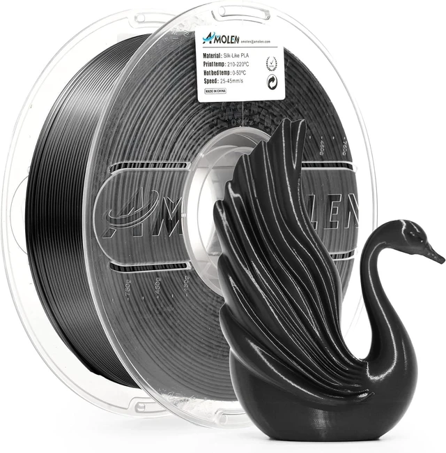 Main image of AMOLEN Silk PLA 3D Printer Filament, Shiny Silk Black PLA Filament 1.75mm, 3D Printing PLA Filament for Most 3D Printer, 1kg Spool(2.2lbs)