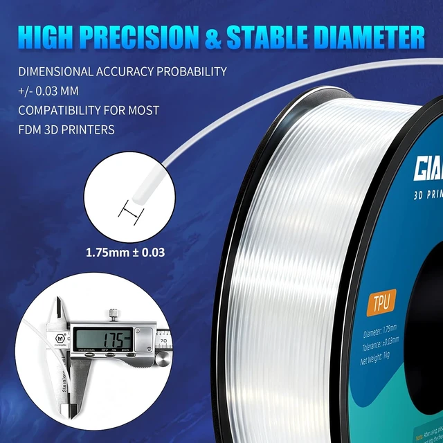 Alt view image 2 of 7 - GIANTARM 95A TPU 3D Printer Filament 1.75mm, 1kg Spool, Clear, +/- 0.03mm