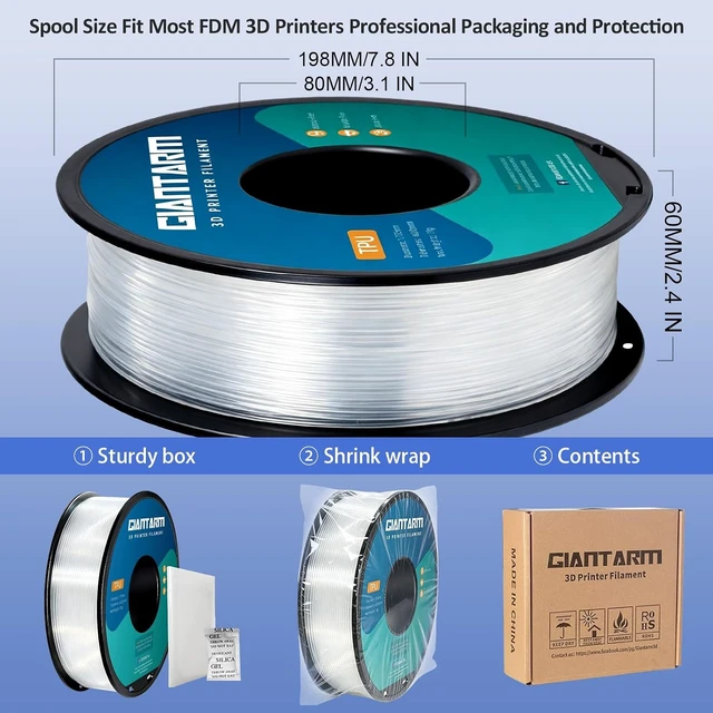 Alt view image 5 of 7 - GIANTARM 95A TPU 3D Printer Filament 1.75mm, 1kg Spool, Clear, +/- 0.03mm