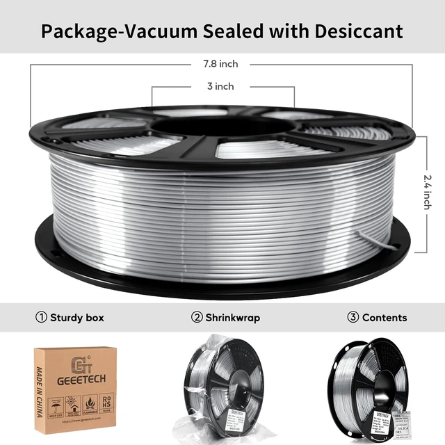 Alt view image 7 of 7 - Geeetech Silk Silver PLA 3D Printer Filament, 1.75mm, 1kg (2.2lbs) Spool