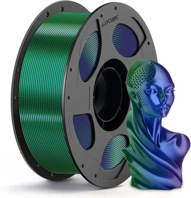 Main image of ANYCUBIC Silk Tri Color Pla Filament, 3-in-1 Chrome Coextrusion Color Change 3D Printer Filament 1.75mm Dimensional Accuracy +/- 0.02mm, Silk Texture, 1KG Reusable Spool (2.2 lbs), Blue Green Purple