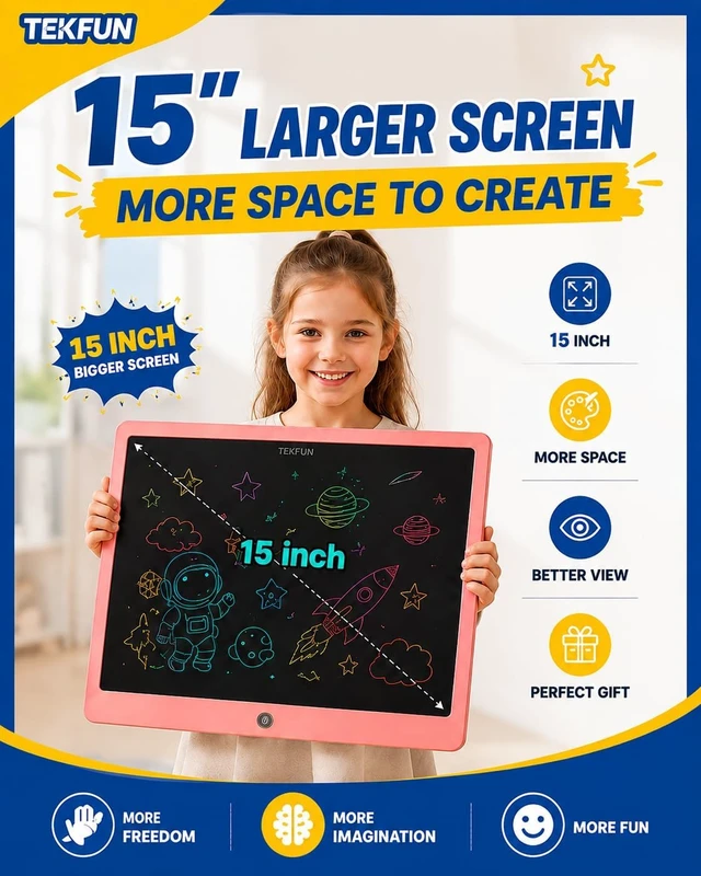 Alt view image 2 of 7 - TEKFUN 15 Inch LCD Writing Tablet for Girls Ages 312, Large Drawing Tablet for Kids, Screen-Free Writing Pad for Learning Quiet Time, Creative Christmas Gift for 3 4 5 6 7 8 Year Old Girl (Pink)