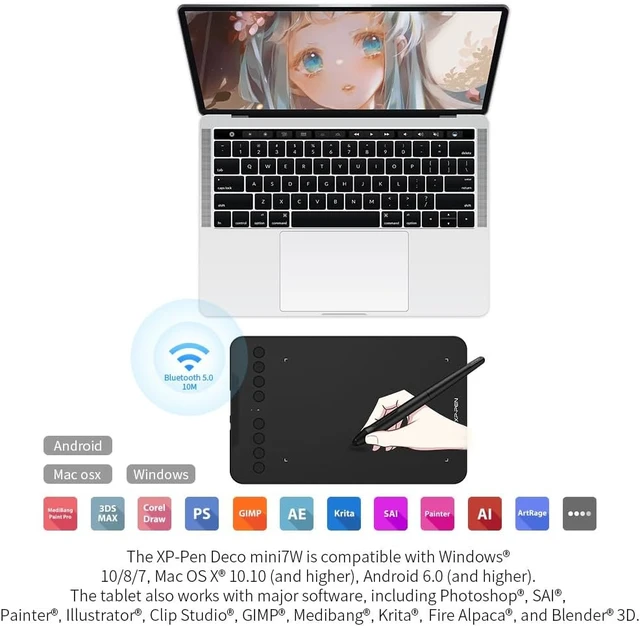 Alt view image 4 of 7 - Drawing Tablet-XPPen Deco mini7W 7 x 4 inch Bluetooth 5.0 Graphic Tablet Pen Tablet with 16394 Levels Pressure,for Online Teaching/E-Learning Compatible with Window/Mac/Android/Chrome/Linux