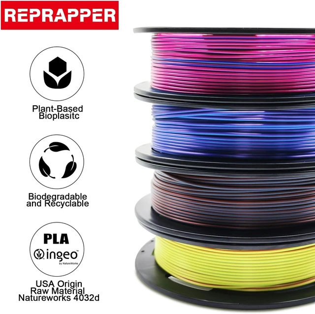 Alt view image 6 of 7 - Reprapper PLA Filament 4 X 250g Color Pack, Triple Color Filament Coextrusion PLA 1.75mm for 3D Printer, 4 Spools Silk Rose/Blue/Green, red-blue1-gold, Purple/Blue/Yellow, Gold/Copper/Black
