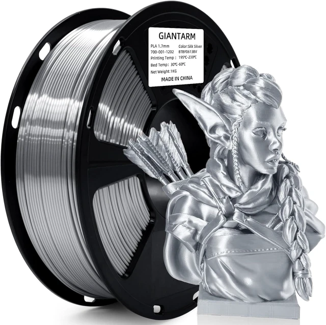 Main image of GIANTARM Silk Metallic Silver PLA 3D Printer Filament 1kg Spool, 1.75mm Dimensional Accuracy +/-0.03mm, 1080 Feet per Roll, Vacuum Packaging