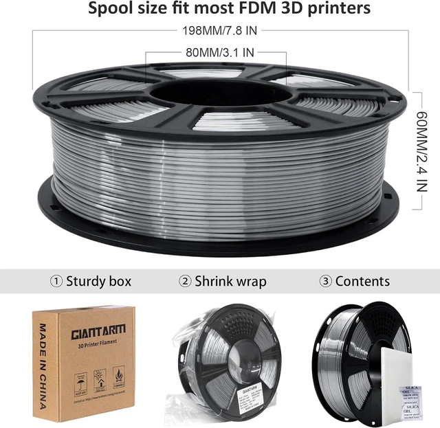 Alt view image 6 of 7 - GIANTARM Silk Metallic Silver PLA 3D Printer Filament 1kg Spool, 1.75mm Dimensional Accuracy +/-0.03mm, 1080 Feet per Roll, Vacuum Packaging