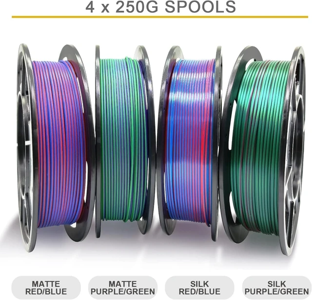 Alt view image 4 of 7 - Reprapper 4X 250g Color Pack, Dual Color Filament Coextrusion PLA Filament 1.75mm for 3D Printer, 4 x 250g Spools Matte Red/Blue, Matte Purple/Green, Silk Red/Blue, Silk Purple/Green