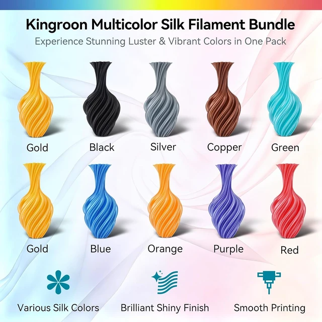 Alt view image 2 of 7 - Kingroon Silk PLA Bundle 3D Printer Filament, Dimensional Accuracy +/- 0.03 mm, 10 kg Spool(22lbs), PLA Shiny Filament 1.75 mm2Gold+Orange+Green+Red+Yellow+Blue+Purple+Silver+Copper, Silk PLA