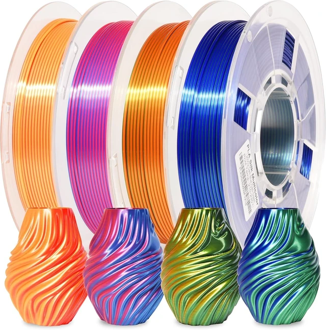 Main image of PINBALL Silk Dual Color PLA 3D Printer Filament Bundle 1.75mm, Shiny Multi-Color Changed by Angle PLA Filament, 250g Spool, 4 Rolls, Blue-red+Golden-Green+Golden-red+Blue-Green