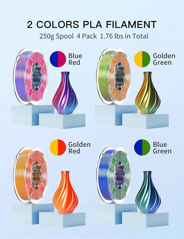 Alt view image 2 of 7 - PINBALL Silk Dual Color PLA 3D Printer Filament Bundle 1.75mm, Shiny Multi-Color Changed by Angle PLA Filament, 250g Spool, 4 Rolls, Blue-red+Golden-Green+Golden-red+Blue-Green
