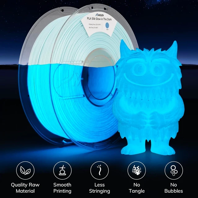 Alt view image 3 of 7 - AMOLEN 3D Printer Filament 1.75mm PLA Glow in the Dark & Silk Blue, 1KG