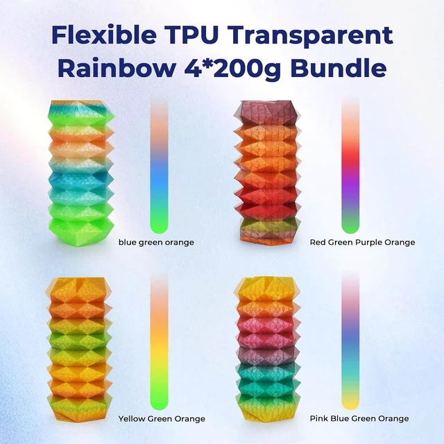 Alt view image 3 of 7 - AMOLEN TPU 3D Printer Filament Bundle Transparent Multicolor Rainbow 200gX4