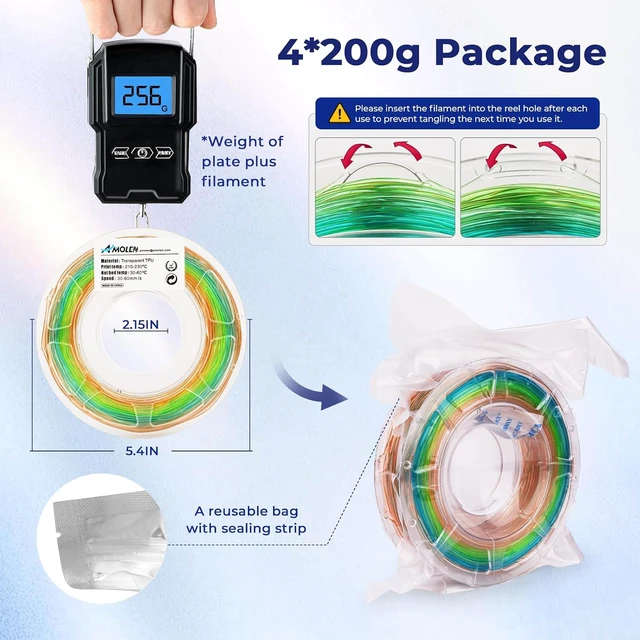 Alt view image 7 of 7 - AMOLEN TPU 3D Printer Filament Bundle Transparent Multicolor Rainbow 200gX4