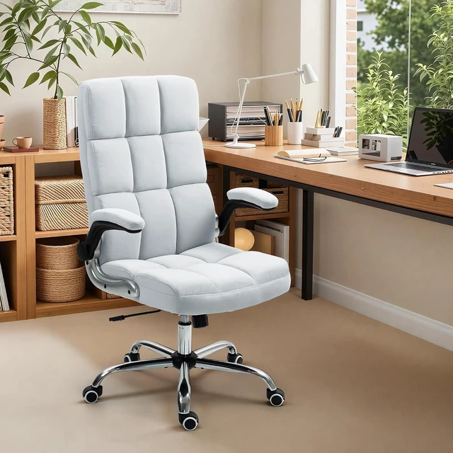 Alt view image 2 of 7 - ECOTOUGE Executive Office Chair, Velvet Ergonomic Comfy Desk Chair, High Back Computer Chair with Adjustable Tilt Angle and Flip-up Arms (Grey, Without Footrest)