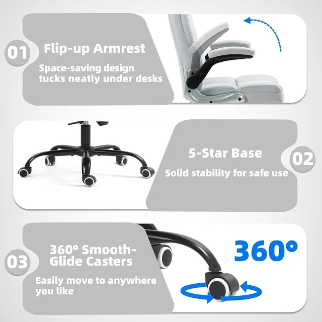 Alt view image 7 of 7 - ECOTOUGE Executive Office Chair, Velvet Ergonomic Comfy Desk Chair, High Back Computer Chair with Adjustable Tilt Angle and Flip-up Arms (Grey, Without Footrest)