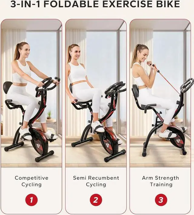 Alt view image 2 of 5 - HAPBEAR Folding Exercise Bike Magnetic Foldable Stationary Bike, 3 in 1 Mode Indoor Upright Fitness Workout X-Bike with 8-Level Resistance and Arm Resistance Band, Pulse Sensor,LCD Monitor