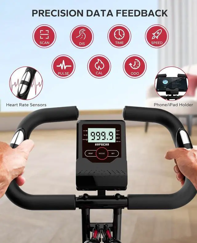 Alt view image 4 of 5 - HAPBEAR Folding Exercise Bike Magnetic Foldable Stationary Bike, 3 in 1 Mode Indoor Upright Fitness Workout X-Bike with 8-Level Resistance and Arm Resistance Band, Pulse Sensor,LCD Monitor