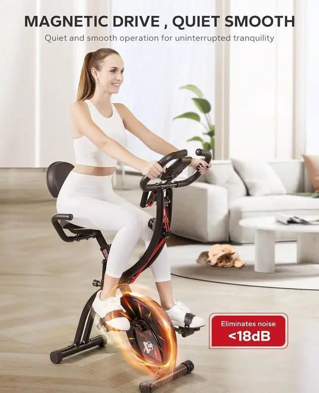 Alt view image 5 of 5 - HAPBEAR Folding Exercise Bike Magnetic Foldable Stationary Bike, 3 in 1 Mode Indoor Upright Fitness Workout X-Bike with 8-Level Resistance and Arm Resistance Band, Pulse Sensor,LCD Monitor