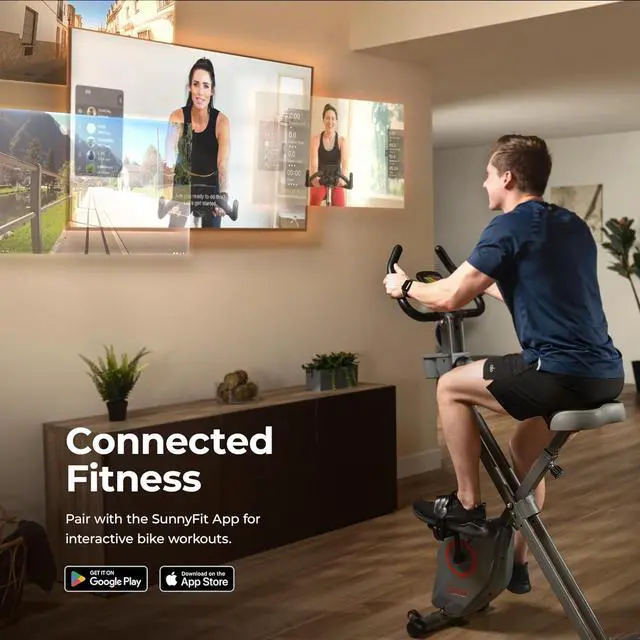 Alt view image 3 of 7 - Sunny Health & Fitness Smart Folding X-Bike, Portable Compact Exercise Bike for Indoor Cycling Workout, Home Cardio Training Machine, Free SunnyFit App Bluetooth Connect, Optional Foldable Recumbent