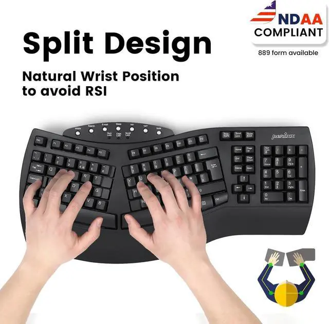 Alt view image 2 of 7 - Perixx Periboard-612B Wireless Ergonomic Split Keyboard with Dual Mode 2.4G and Bluetooth Feature, Compatible with Windows 10 and Mac OS X System, Black, US English Layout