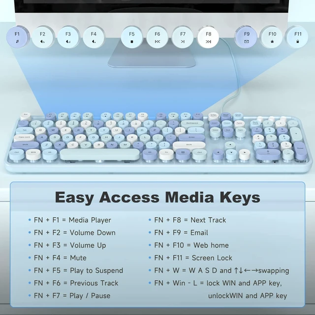 Alt view image 5 of 7 - KNOWSQT Wired Computer Keyboard - Blue Colorful Full-Size Round Keycaps Typewriter Keyboards for Windows, Laptop, PC, Desktop, Mac